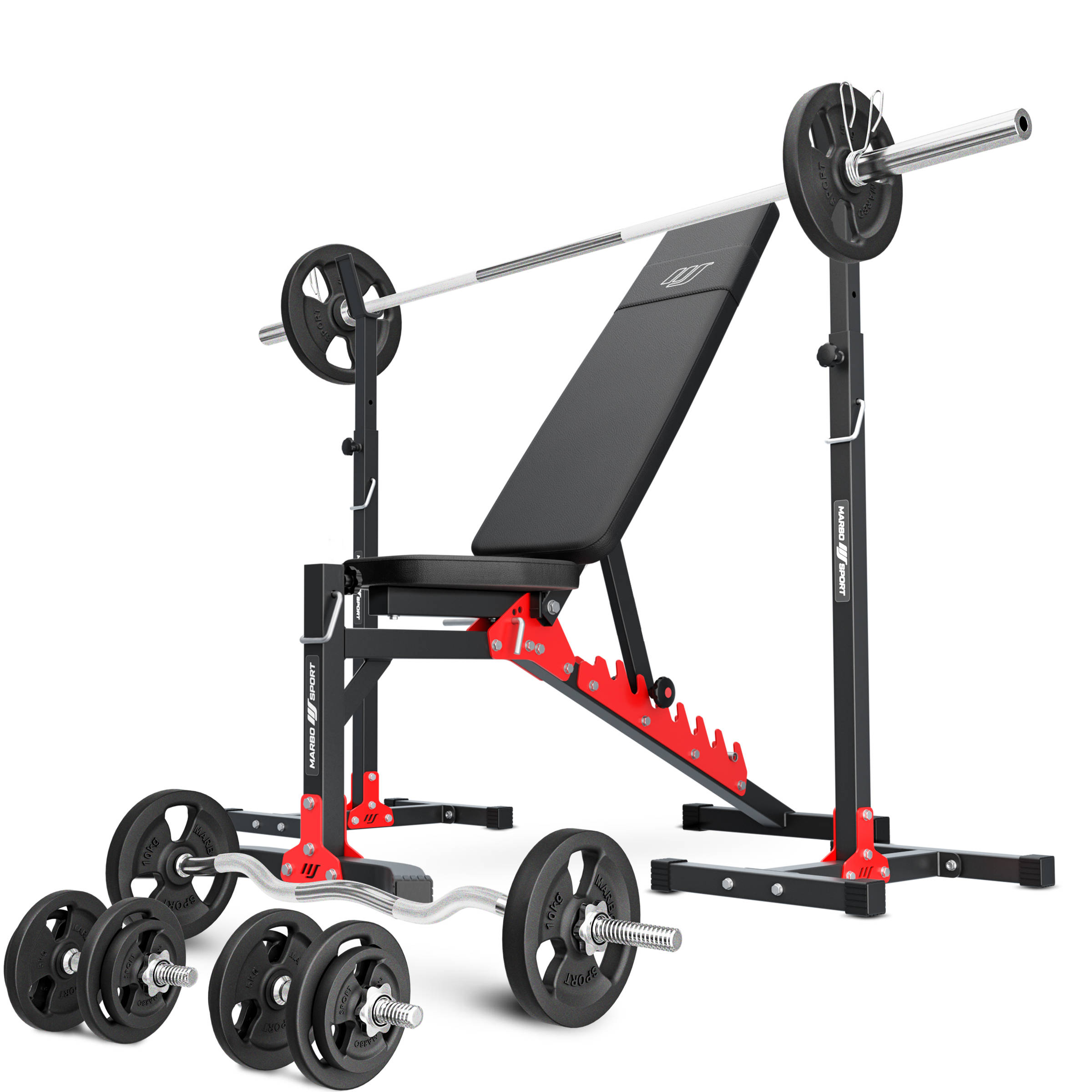 MH19_111KG_KIER | Adjustable bench with adapter MH-L115 + Adjustable exercise racks stands + reinforced bars and weights set 83 kg - Marbo Sport Cast iron kg | Strength equipment \